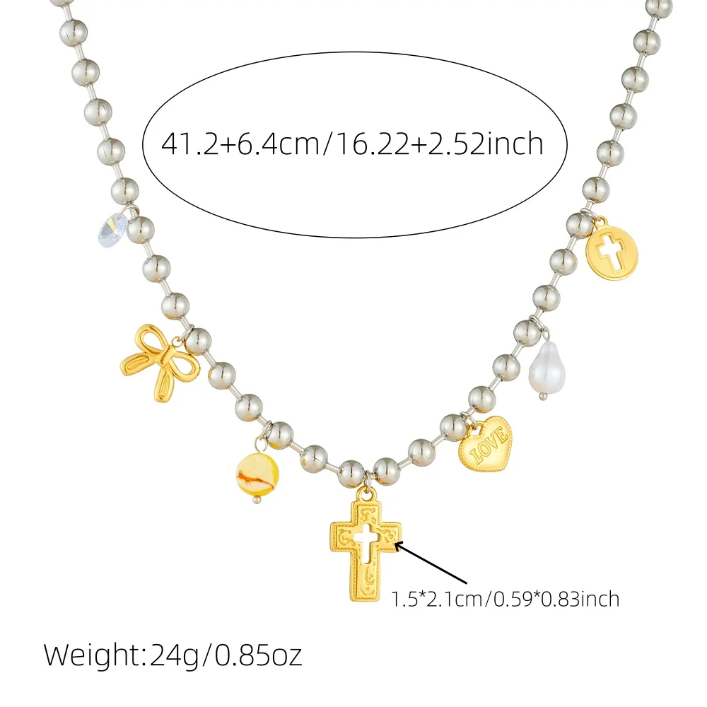 LAMENGLY 316L Stainless Silver Round Bead Chain Turquoise Cross Pearl Heart Bowknot Pendant Necklace Women Glamorous Neck Chain