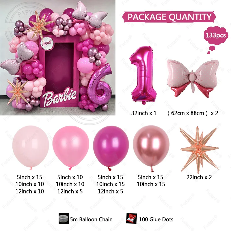 133 szt. Różowe metalowe balony lateksowe łuk węzeł 32 \'\'numer 1-9 piłka foliowa Baby Shower Kids Girl dekoracje na imprezę urodzinową tło