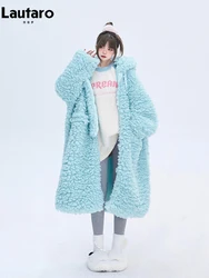 Lautaro Winter Lange Oversized Casual Dikke Warme Blauwe Dikke Warme Fuzzy Fluffy Faux Fur Coat Vrouwen Met Kap Rits Mode 2023