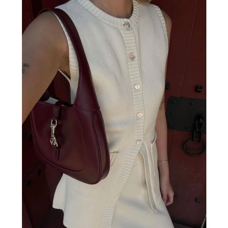 2024 Summer Autumn Knitted Slim Casual Elegant 2 Piece Set Women Sleeveless Single Breasted Top High Split Long Skirt Streetwear