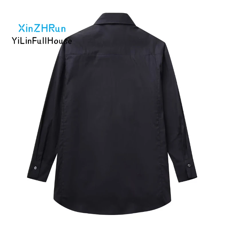 Autumn New Women's Lapel Single Breasted Double Pocket Rivet Decoration Top Casual Loose Poplin Solid Color Long Sleeved Shirt