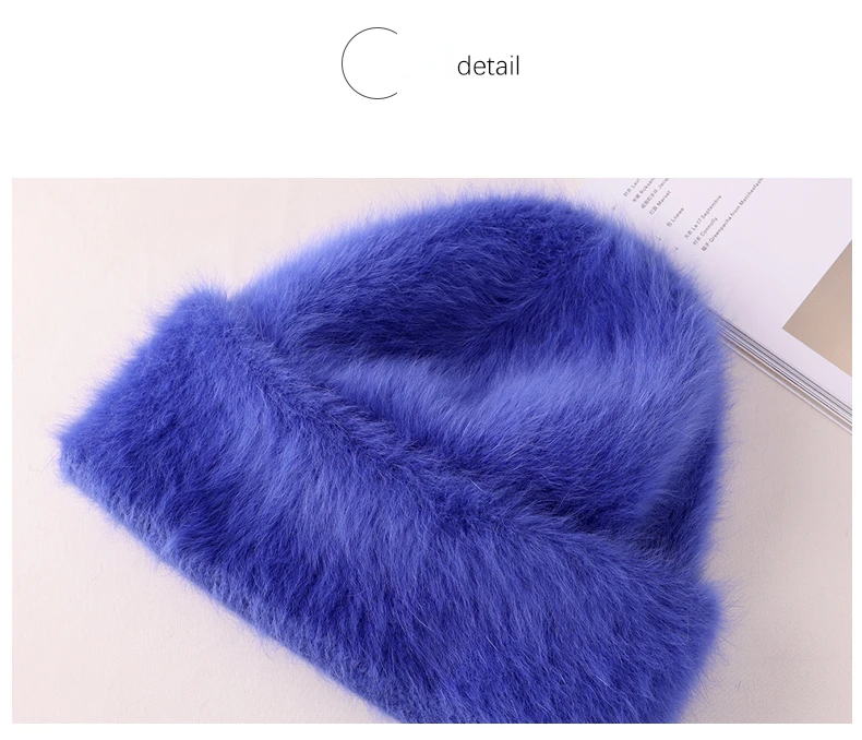 2023 Angora Flauschige Strickmütze Kaninchenfell Wintermütze für Damen Damen Mode Warmer Plüschschädel Damen Dicke Fleecemützen – Detail 17