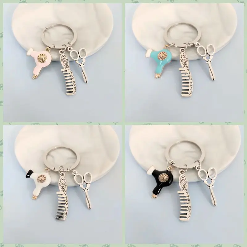 Hair Dryer Comb Scissors Hairdresser Key Chain Hairdresser Commemorative Key Ring Pendant