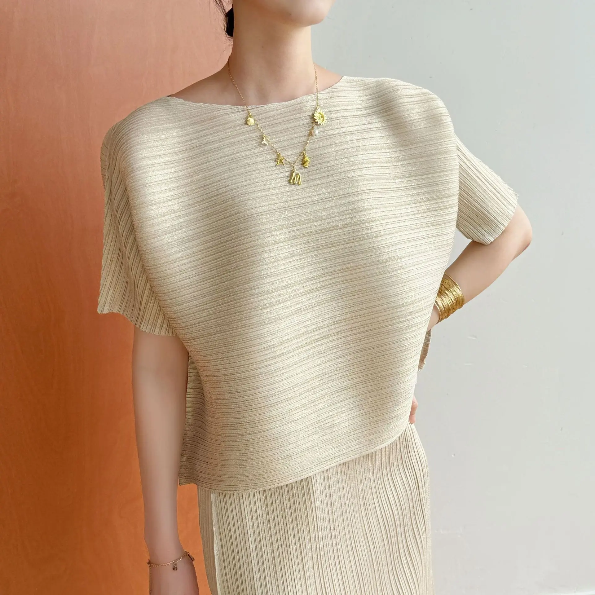 YUDX Miyake Pleated Solid Two Piece Set Short Sleeve Top & Midi Skirt Loose Fit Elegant Casual Office Wear Outfit for Women New