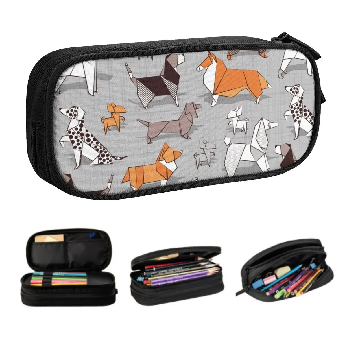 Custom Origami Doggie Friends School Pencil Cas Big Capacity Dachshund Beagle Terrier Dog Pencil Pouch Students Stationery