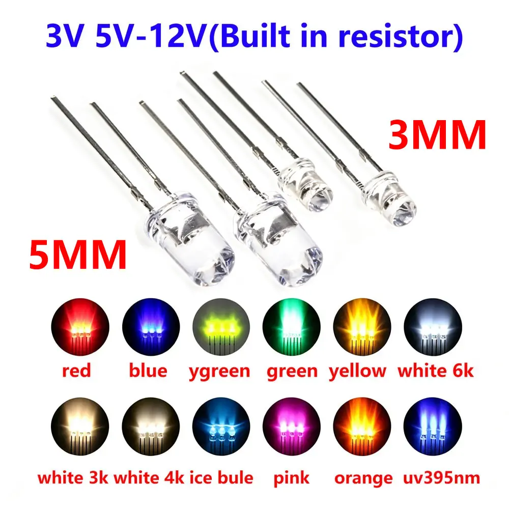 50 peças de LED super brilhante para painel de carro com resistor embutido 3V 5V-12V F3MM F5MM, nas cores vermelho, verde e amarelo.
