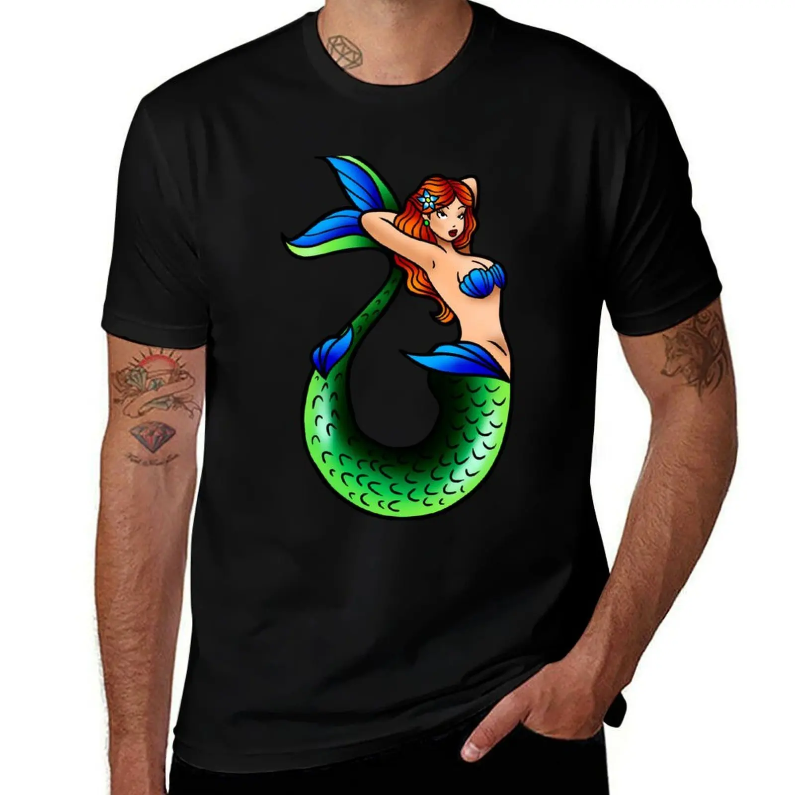 

Sailor Jerry Inspired Mermaid Tattoo Flash Art T-Shirt Fashion Casual Short Sleeve Top