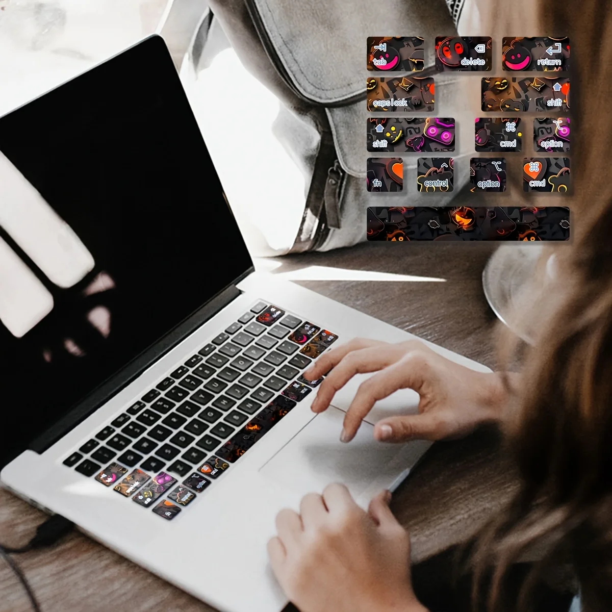 1Set Dark Style Laptop Keyboard Stickers, Red Pink Orange Smiley Heart Pattern, Waterproof Removable Key Decals view 4