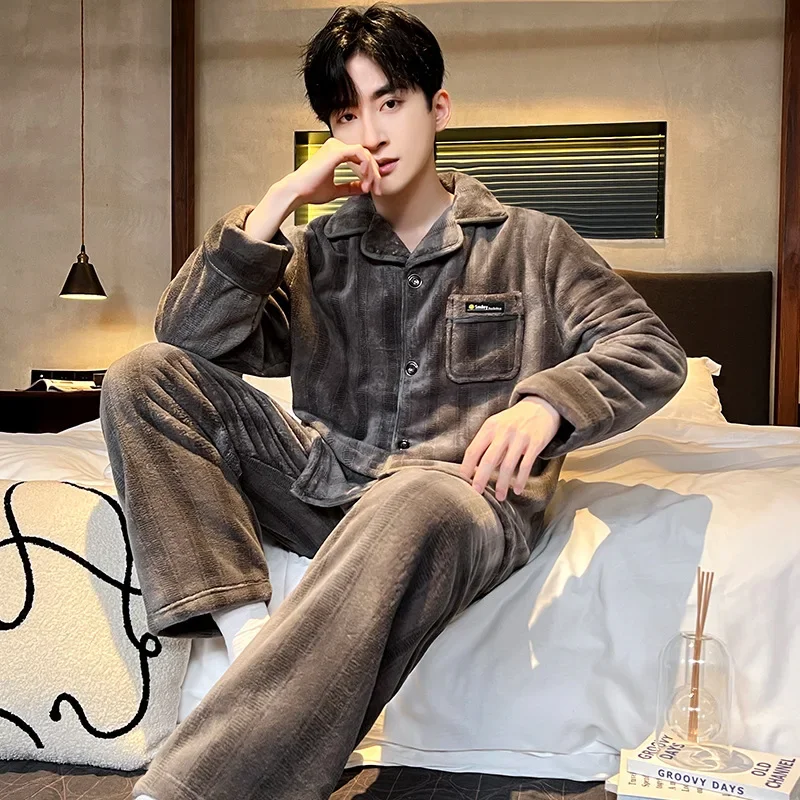 2025 New Winter Warm Coral Fleece Men Pajama Sets Flannel Tops + Long Pants  2 Pieces Pajamas Sleepwear Lapel Button Homewear