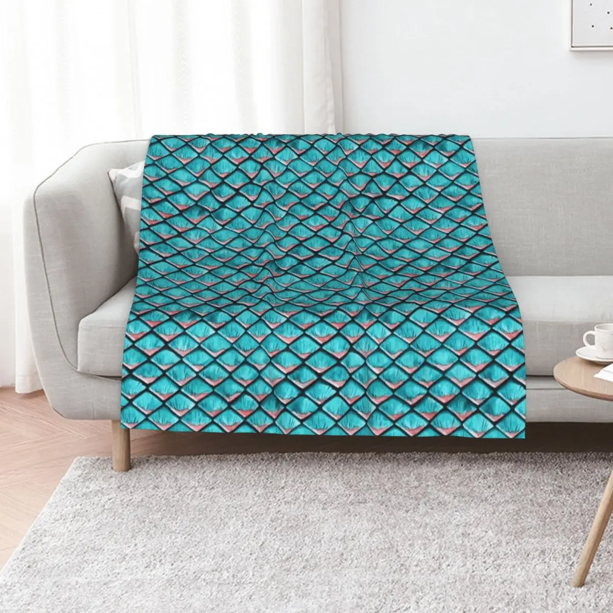 Teal blue and coral pink arapaima mermaid scales Throw Blanket For Sofa Thin Kid'S Sofa Large Polar Blankets