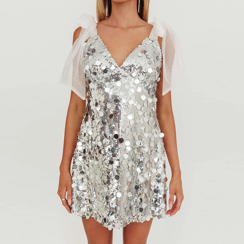 Lantejoulas brilhantes sem mangas fino ajuste vestido feminino sexy sem costas verão mini vestidos de corte baixo com decote em v malha suspender clube vestido de festa