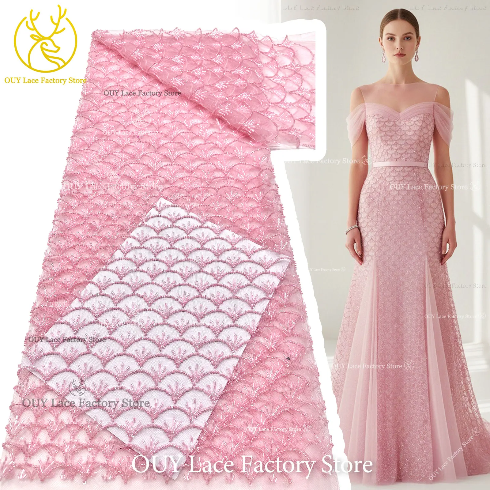 Pink New Design Handmade Beaded Lace Dress Fabric French Wedding Fabric Nigerian Sequins Beaded Embroidery Tulle Lace Fabric