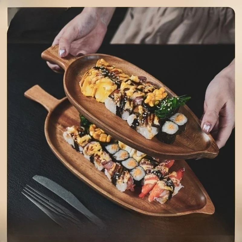 japanese-style-high-aesthetic-wooden-tray-afternoon-tea-snacks-sushi-display-leaf-shaped-dinner-plate-mesquite-wood-tea-tray