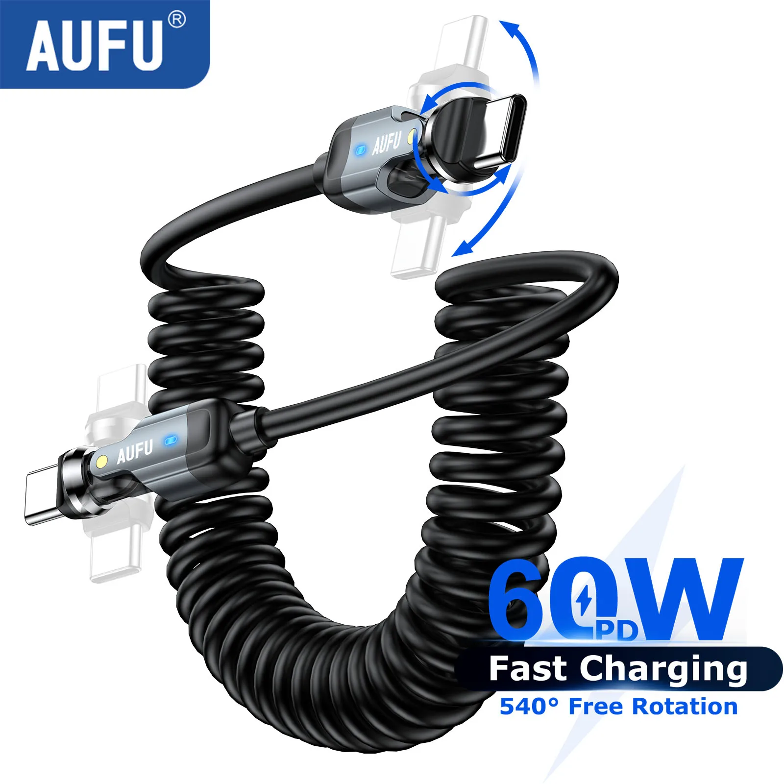 AUFU 540 ° USB-C auf Typ-C Kabel 60W Schnelllade-Spiralkabel für iPhone17 Samsung Xiaomi Aufrollbares Telefon-Autoladegerät Typ-C Kabel