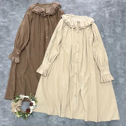 Johnature New Casual Ruffles Collar Coduroy Women Dresses 2025 Spring Autumn Japanese Loose Solid Color Simple Women Dress