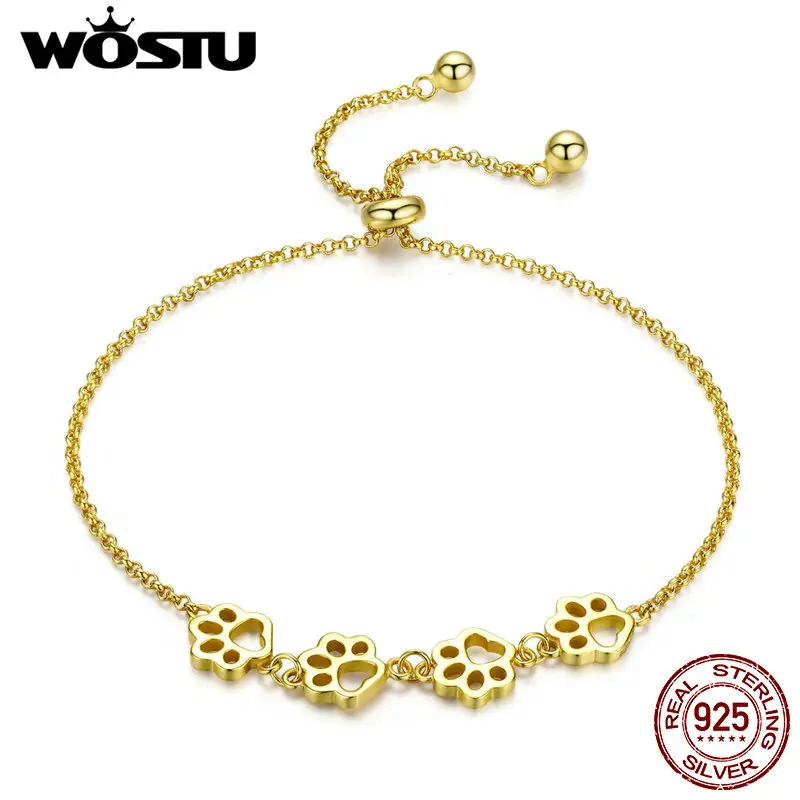 WOSTU 925 Sterling Silver Pet Paw Hollow Adjustblae Bracelets For Women Trail Dog Animal Chain Links Cute Jewelry Birthday Gift