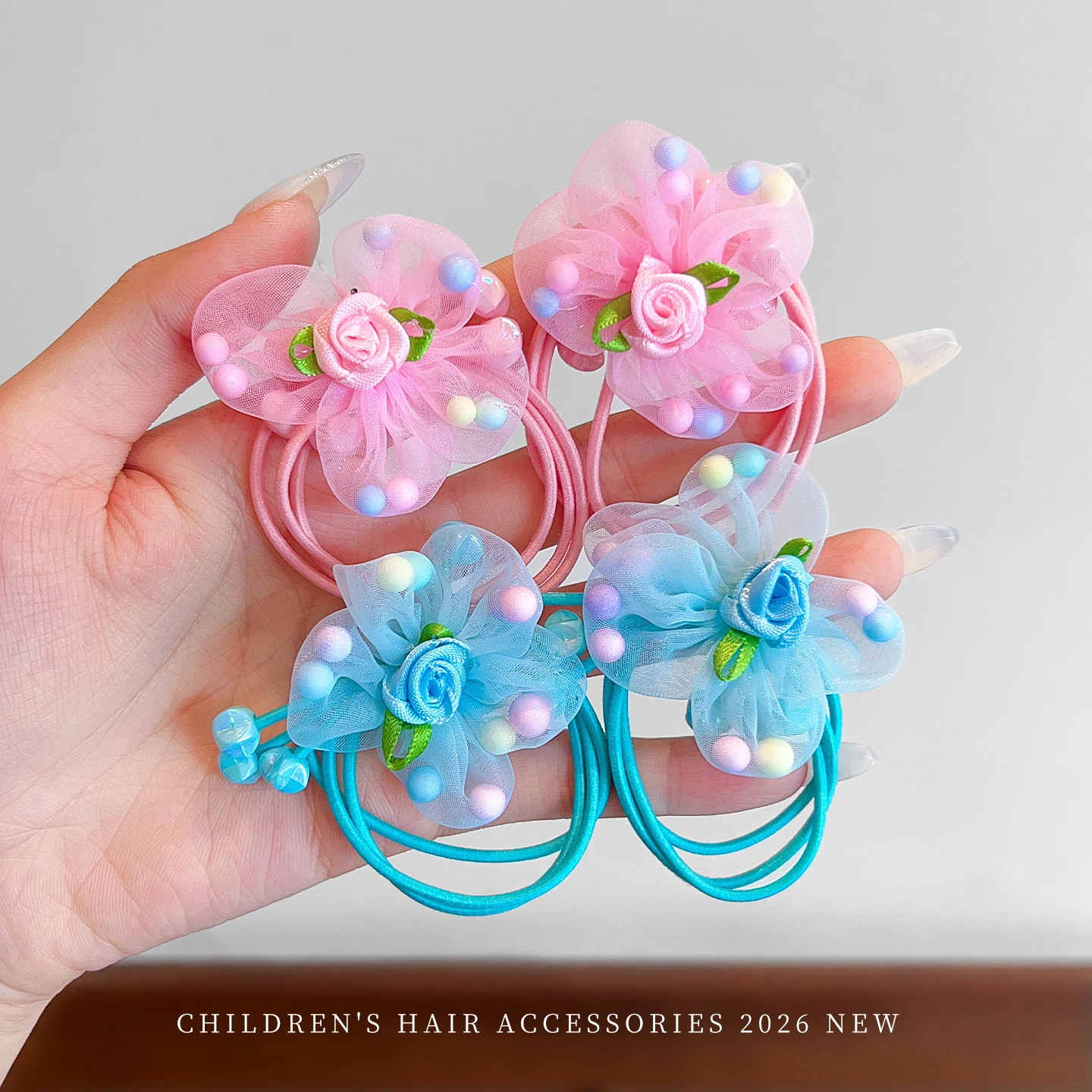 2026 Neue Süße Makronen-Farbige Blumen-Haargummis für Mädchen und Frauen Organza-Tüll-Stoff Rosen-Elastikband Accessoires – Detail 6