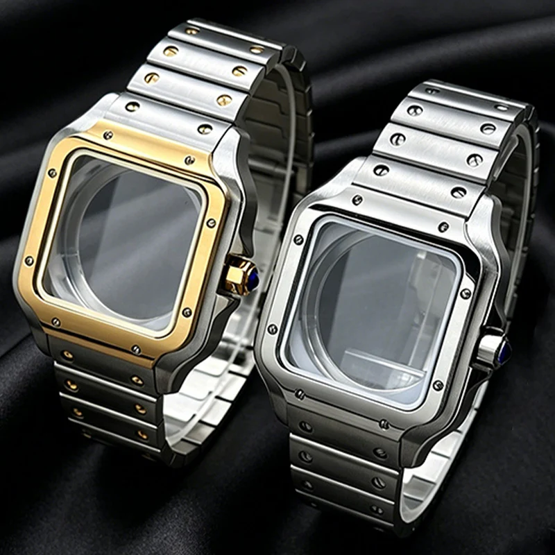 Gold/Silver/Black 38mm NH35 Square Watch Case Fit Santos Mod 27mm Dial NH35 NH36 4R 7S26 Movement With Steel Bracelet NH35 Case