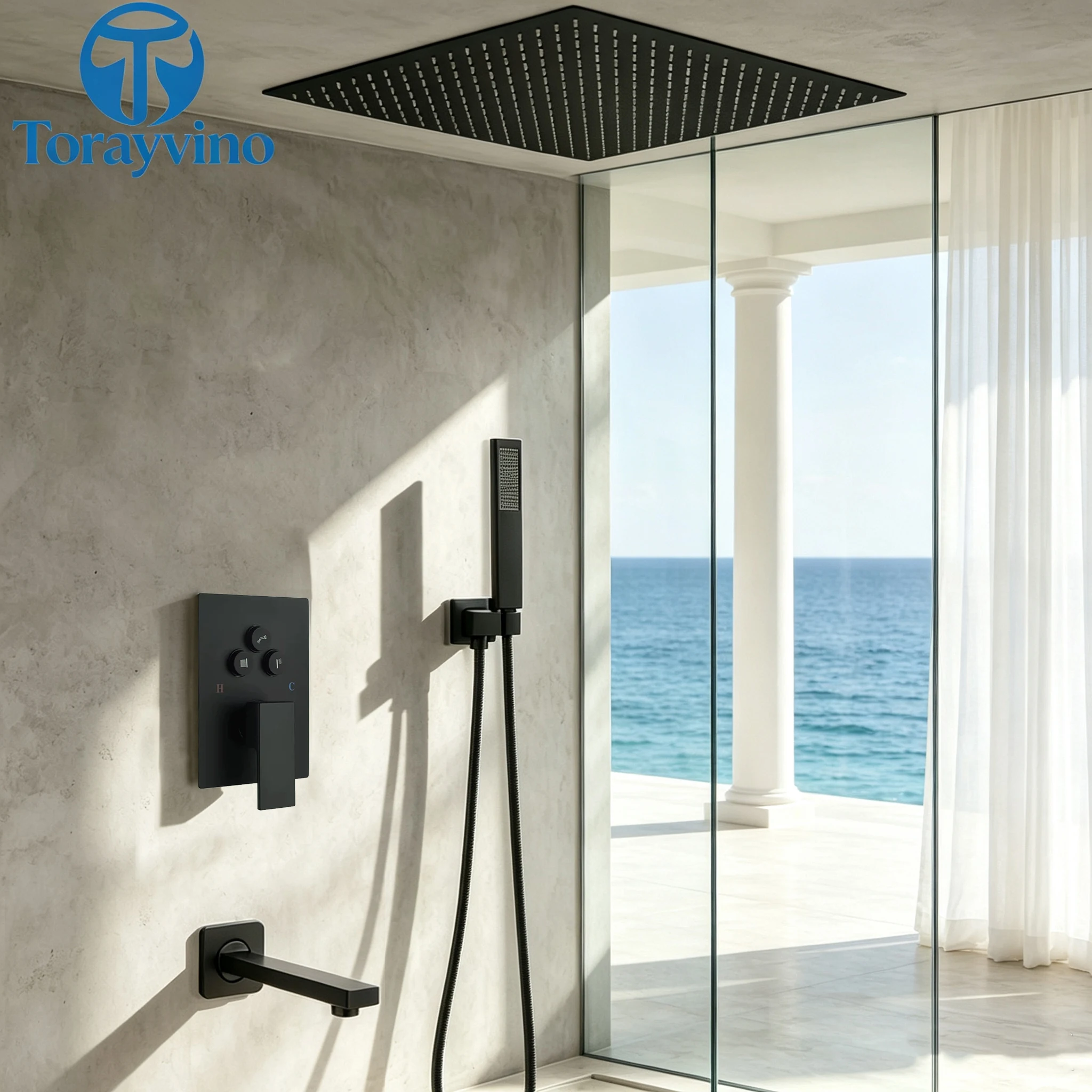 Torayvino Luxury  Bathroom Matte Black Shower Faucet System Set Outdoor 3-Functions Rainfall Shower Bath kit Bathtub Mixer Taps