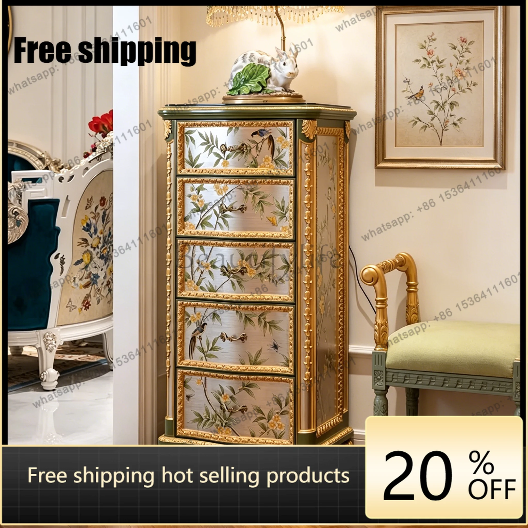 LD French court luxury solid wood sticker gold foil carving painted flower and bird foyer entrance cabinet