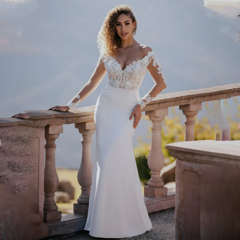 

Popular Long Sleeves V-neck Lace Bridal Grown Sheath Wedding Dresses Custom Made Formal 2025 Vestido De Noival