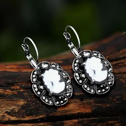 Vintage Look Plumflower Pendant Lady Queen Cameo Earrings For Women Antique Silver Plated Rhinestone Fashion Jewelry