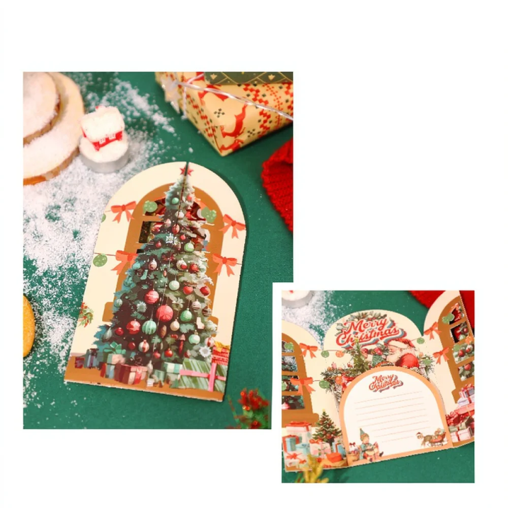 Pop Up 3D Greeting Card Vintage Santa Fireplace Design Christmas Paper Sculpture Holiday Gift Card Souvenir