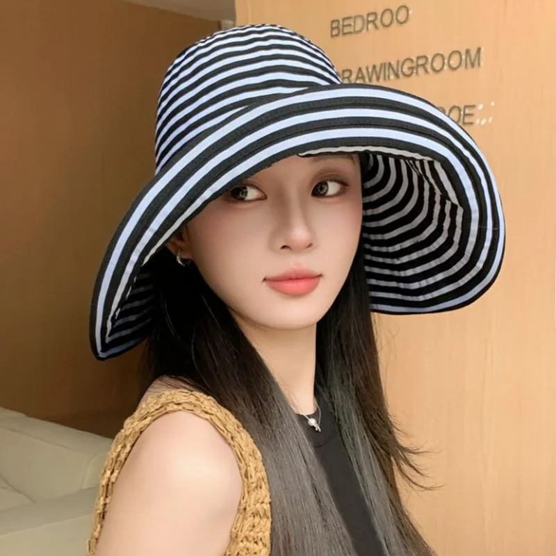 

Fashion Wide Brim Stripe Bucket Hat For Women Foldable Visor Cap Sunscreen Hat Korean Outdoor Beach Hat Fisherman Hat Panama