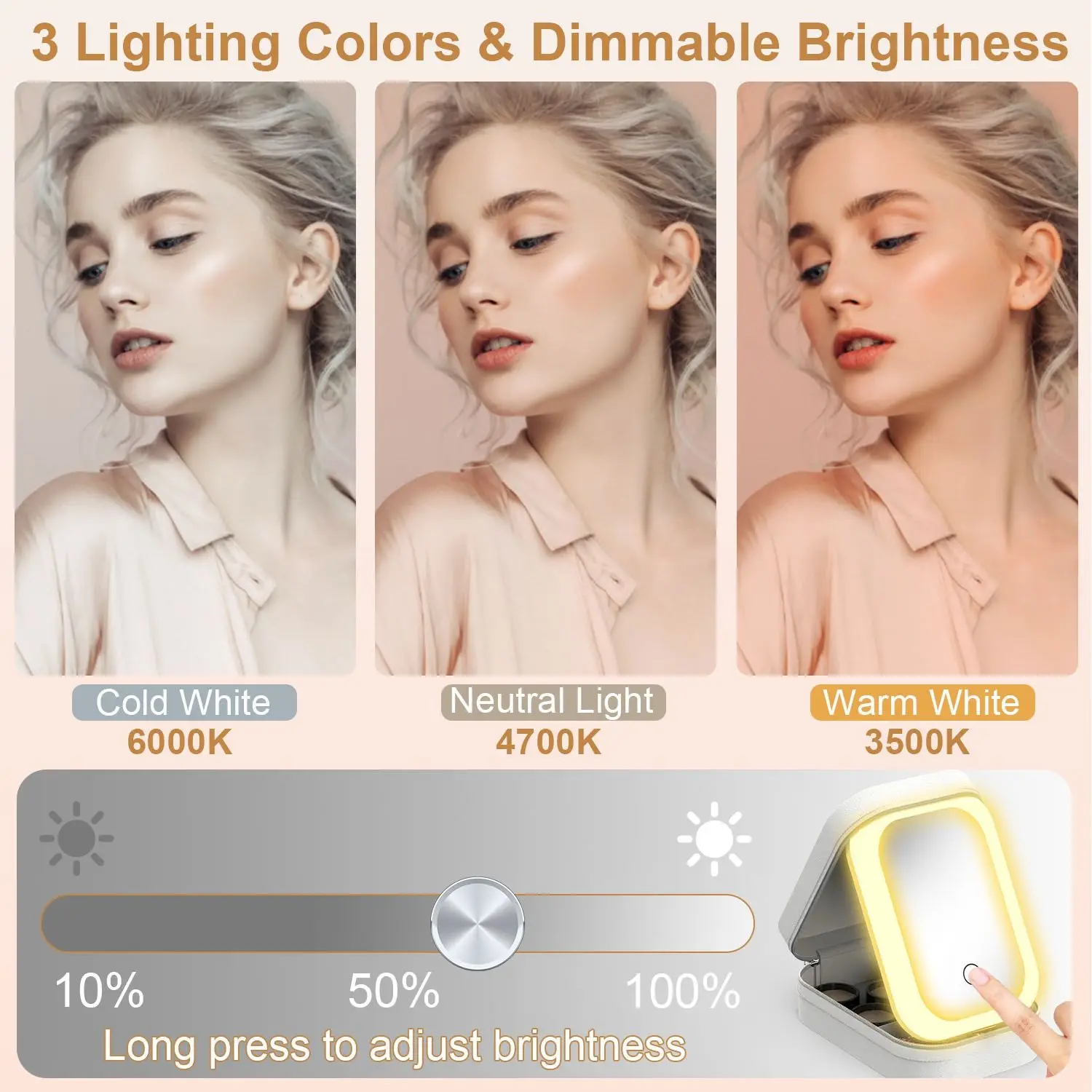 لحقيبة ماكياج السفر المحمولة مع مرآة LED مرآة تجميل قابلة للشحن مع 3 ألوان ضوء سطوع عكس الضوء مقاوم للماء