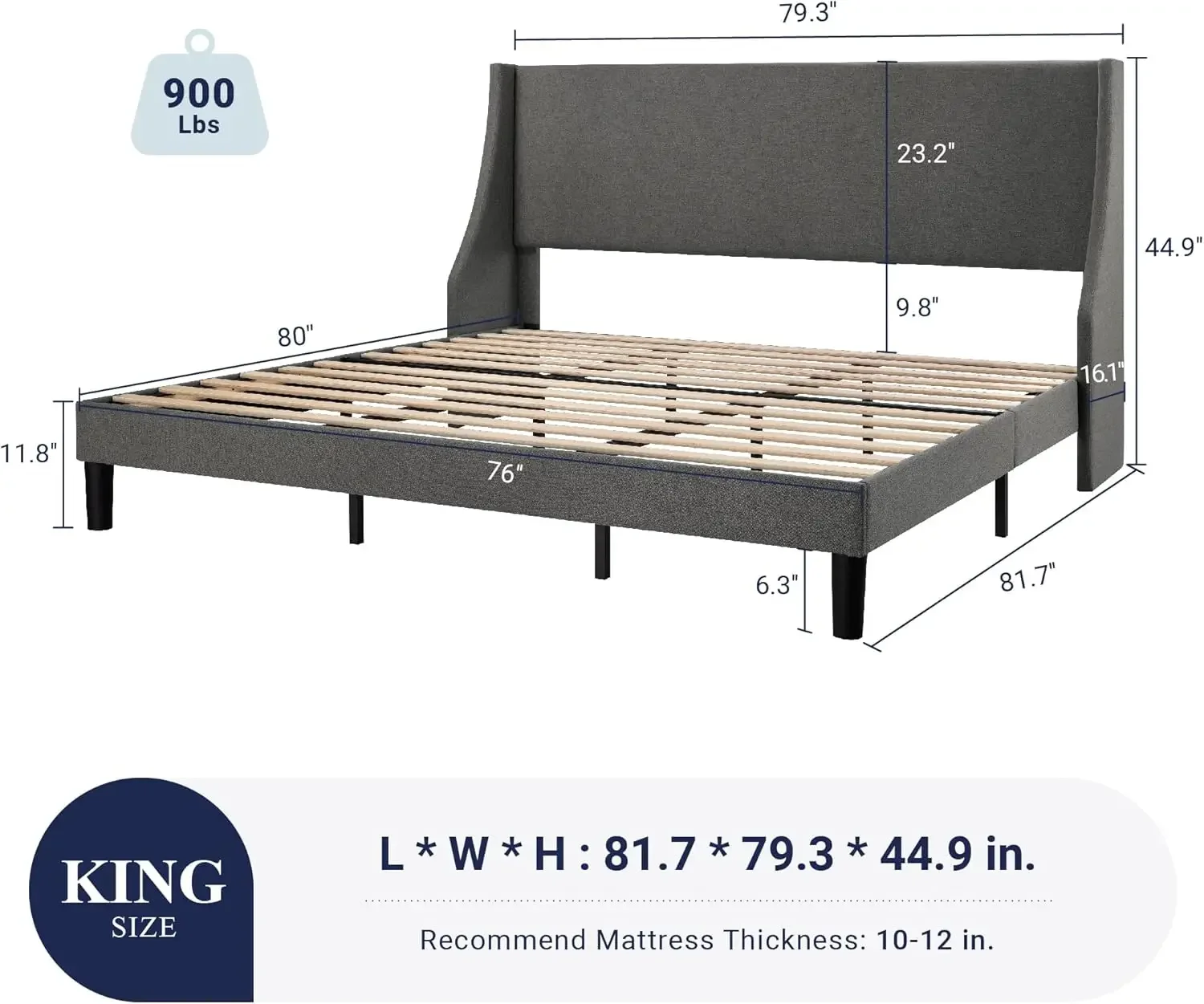 King Size Bed Frame, Platform Bed Frame w/ Upholstered Headboard, Modern Deluxe Wingback, Wood Slat Support,Dark Grey