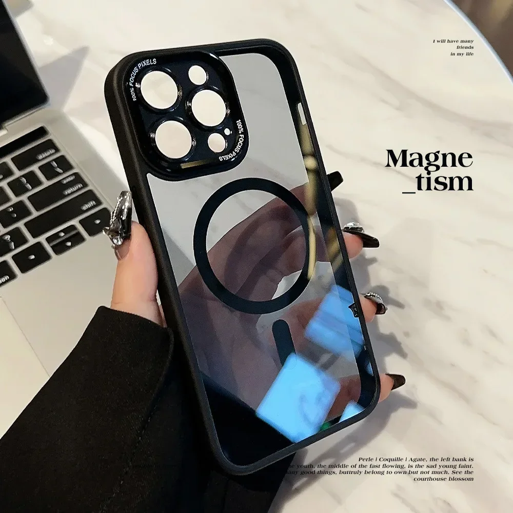 Transparent Magnetic Phone case luxury Clear Minimalism art Case For iPhone 16 15 14 13 12 11 Pro Max Case Cute Metal lens Cover