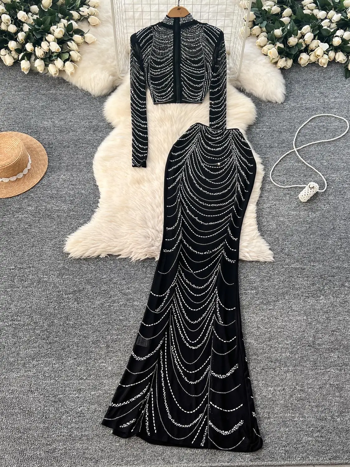 

Sexy Body-a Me Sequin ort Crop Top Long Sve High Waist Slim Fit Long f Skirt Set Women's Faion Ensemble