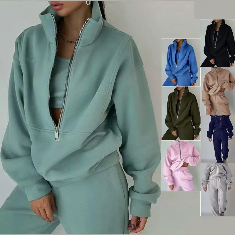 

Autumn Women's David Suit Face Sports Suit Hoodie Long Sve Pure Color Patchwork Winter Faion Set Tee-Piece Suit