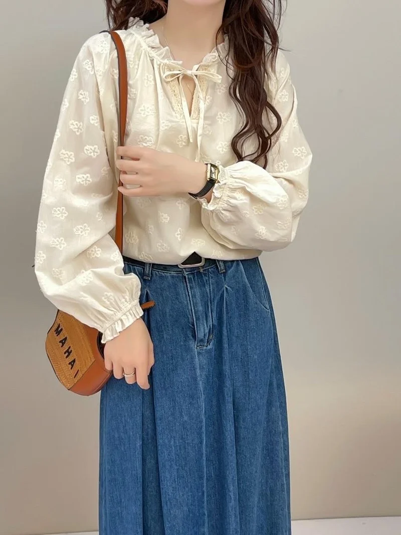 

Boho cotton beige shirt woman spring autumn Korean fashion long sleeve lace embroidery blouses bohemian clothing