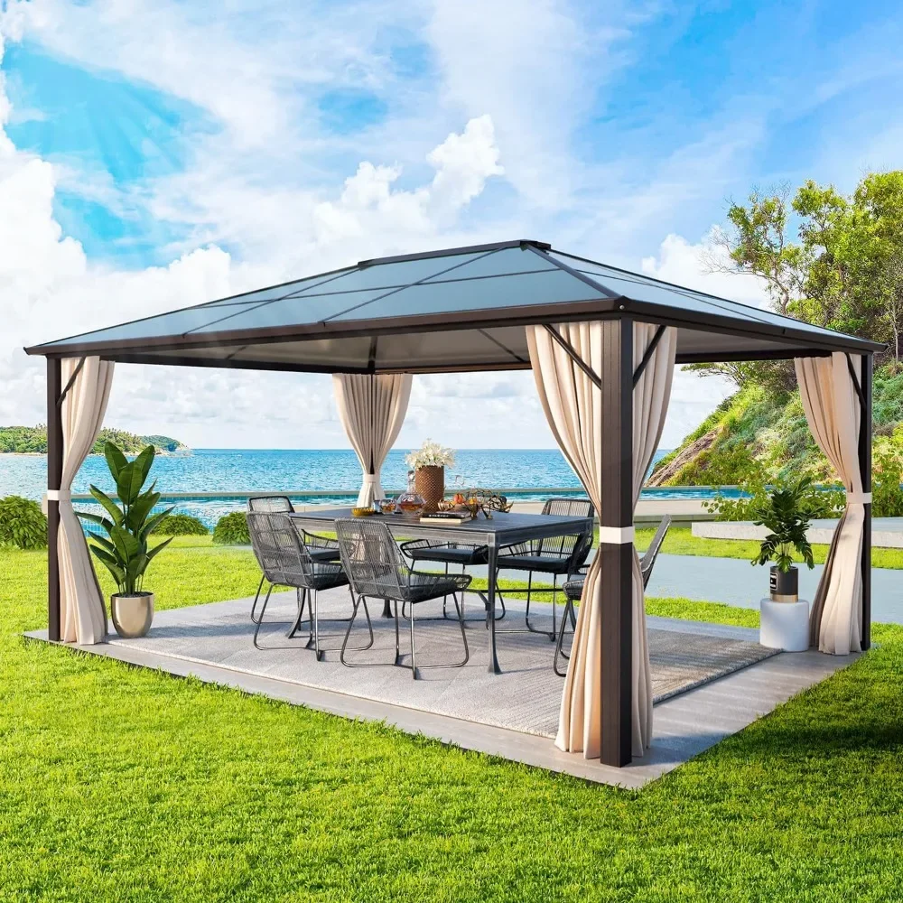 10'x12' Hardtop Gazebo, Outdoor Polycarbonate Roof Canopy, Aluminum Frame Permanent Pavilion with Curtains and Netting, Sunshade