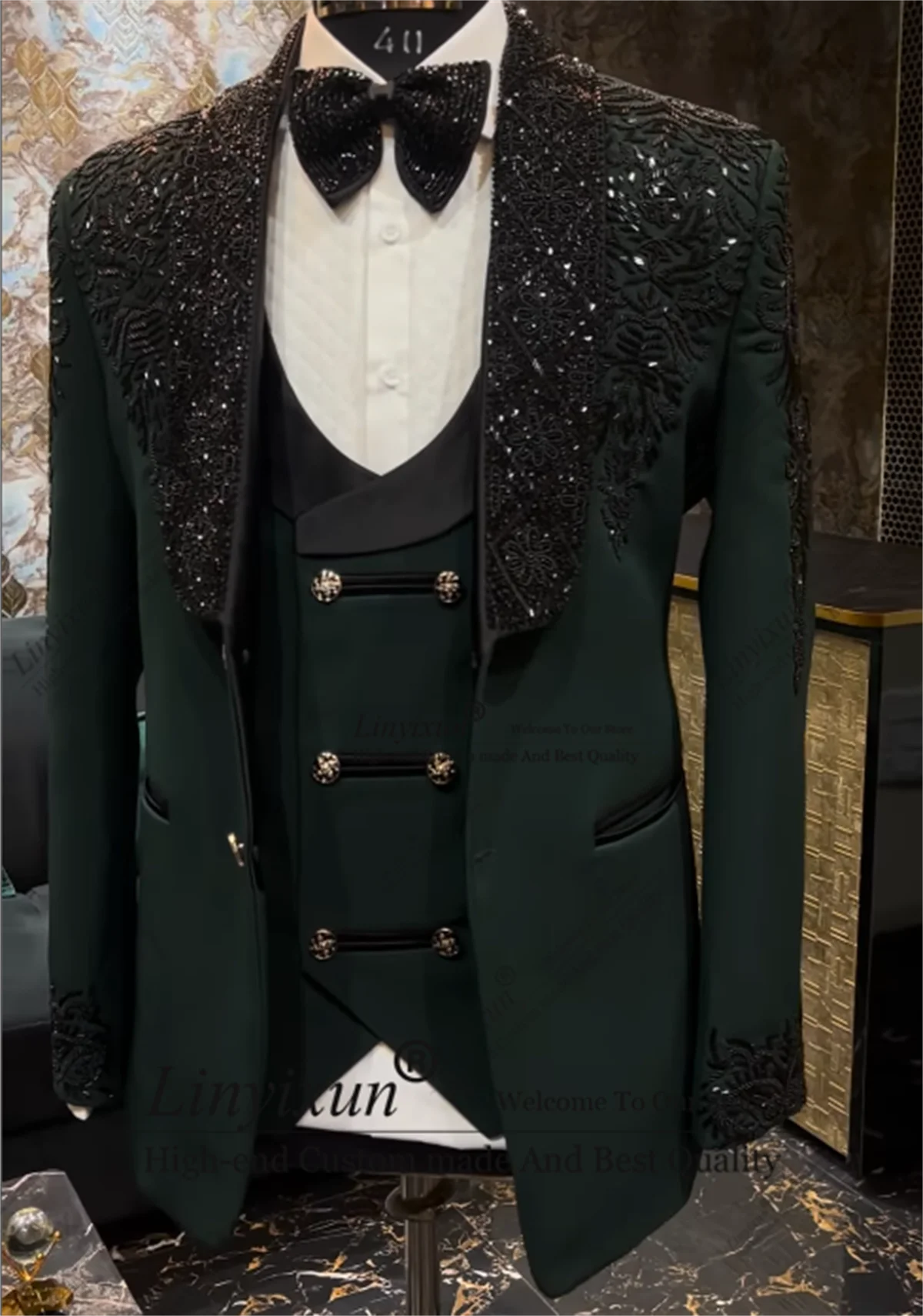 Gentleman ricamo Perline Abiti da uomo 3 pezzi Set Blazer da ballo maschile Festa personalizzata Matrimonio Sposo Smoking Slim Fit Costume Homme