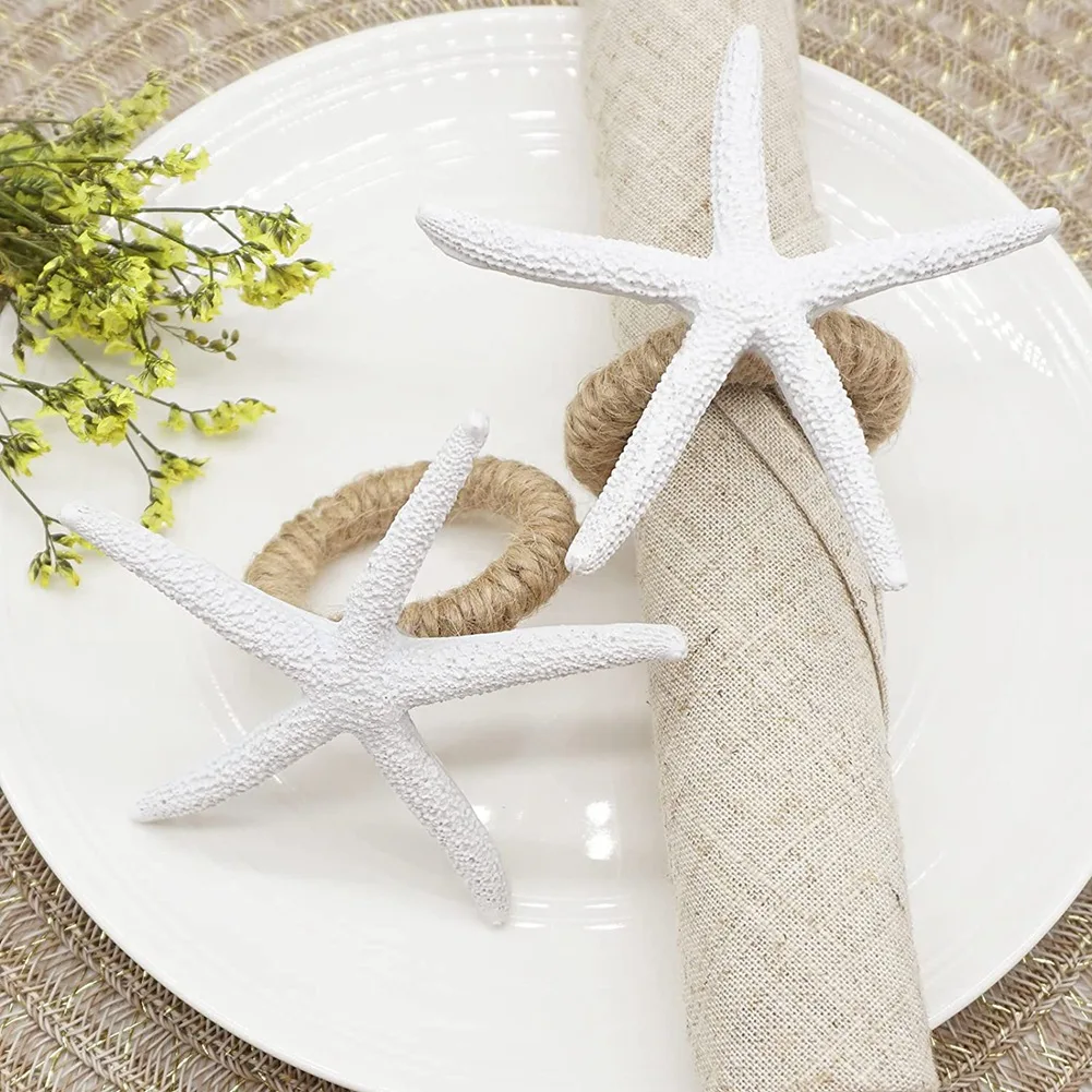 Lot de 8 Ronds de Serviette en Forme d'Étoile de Mer Faits à la Main, Porte-Anneau Blanc en Fausse Étoile de Mer pour Mariage, Tables à Manger