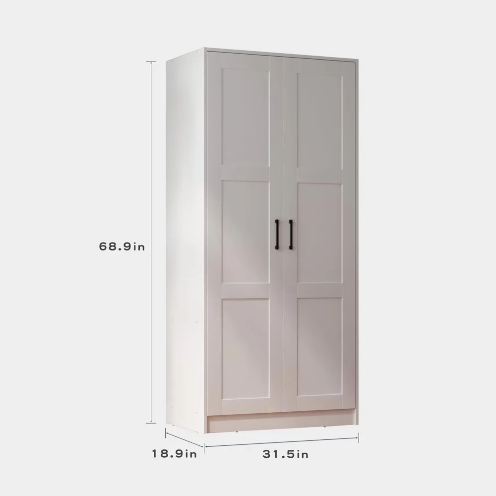 Wood White Wardrobe Closet with 2 Doors，Bedroom Freestanding Armoire Storage Cabinet with Shelves