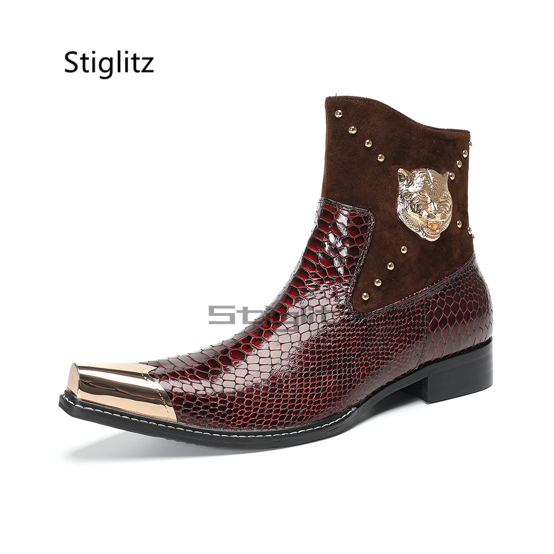 

Genuine Leather Patchwork Men's Ankle Boots Iron Pointed Toe Burgundy Side Zip Men Dress Chelsea Boots Business Shoes Male