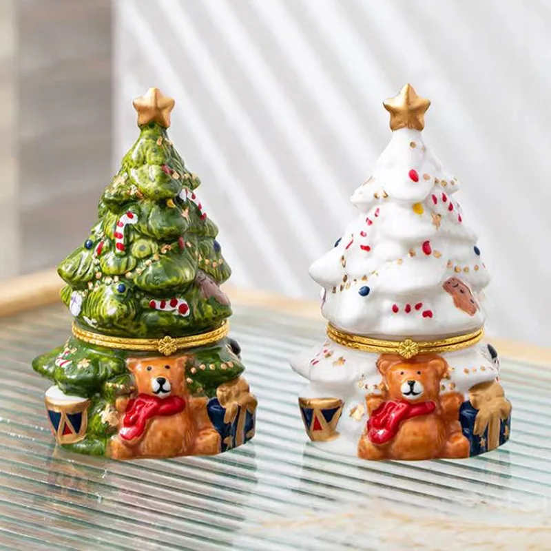 Ceramic Christmas Tree Shape Candy Food Jewelry Storage Container Ceramic Craft and Gift Cookie Jar Trinket Box Holiday Decor