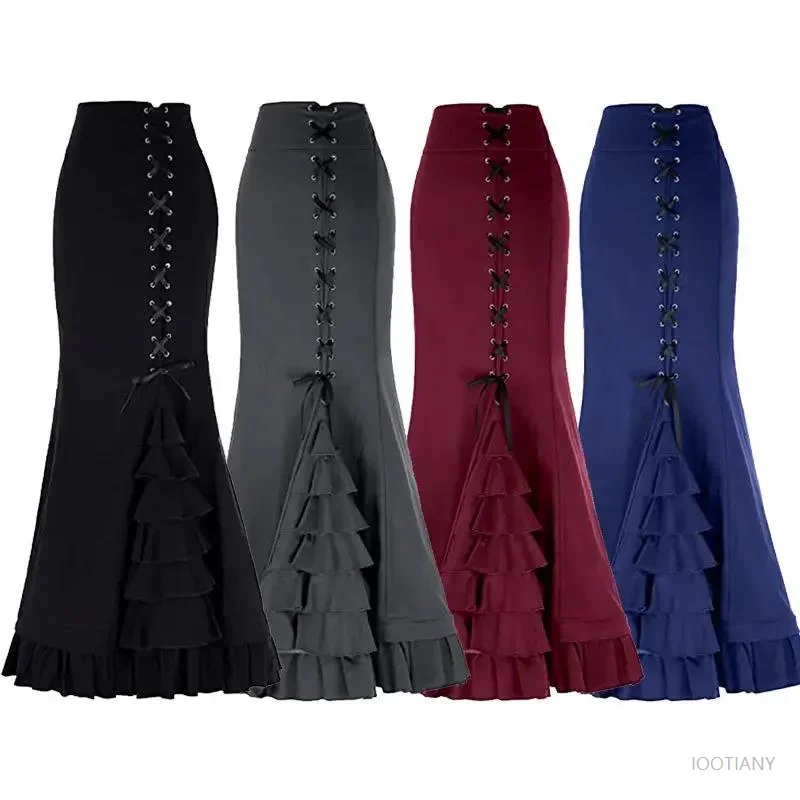 

Vintage Women's Flared Mermaid Skirt Gothic Skirt Cosplay Steampunk Skirt Long Fishtail Victorian Ladies Vintage Bandage Skirt