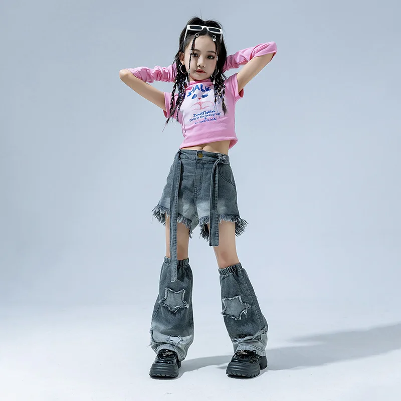 Kid Cute Hip Hop Clothing Pink Crop Top T Shirt Casual Denim Raw Hem Jeans Shorts Leg Warmer for Girl Jazz Dance Costume Clothes