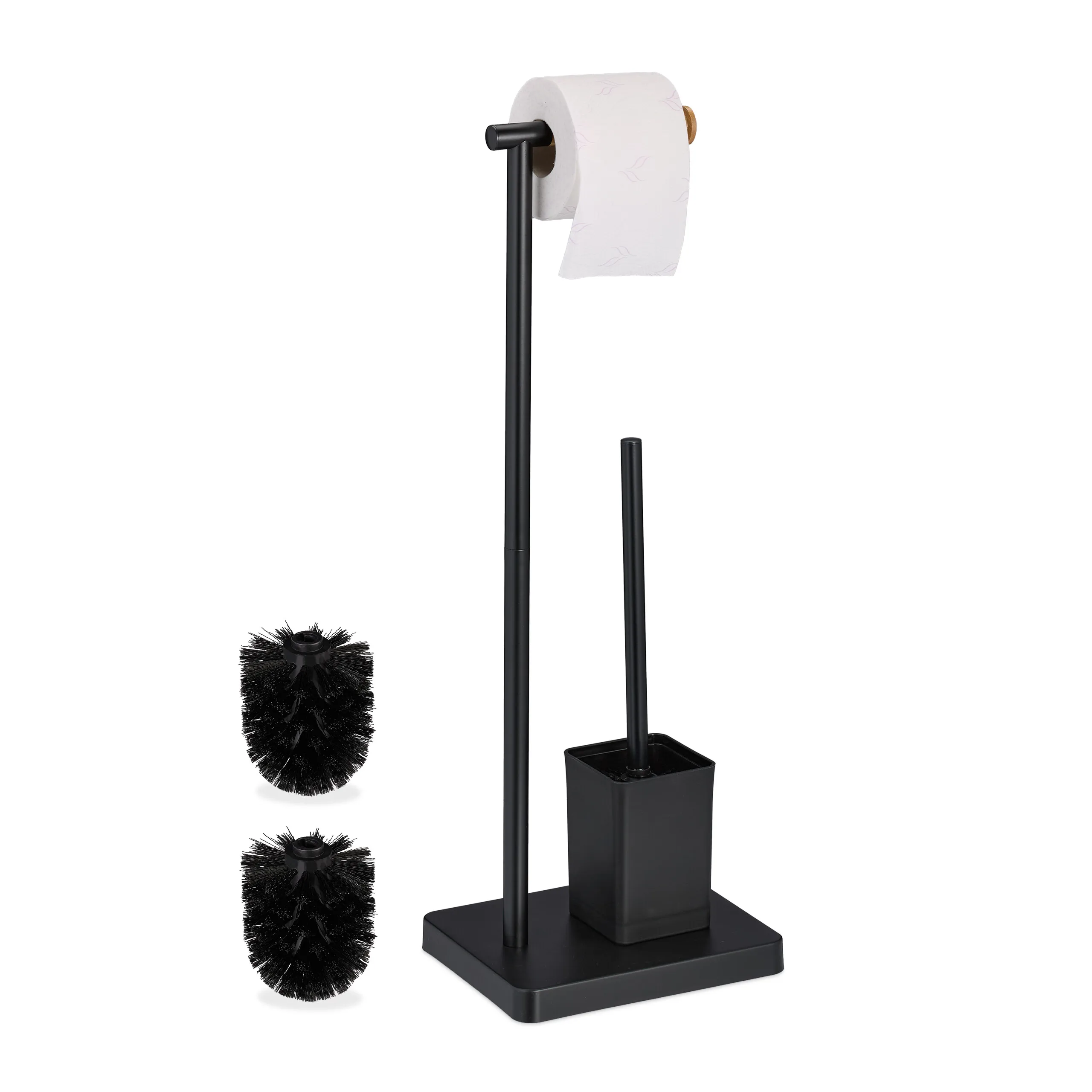 Set per WC, modello autoportante, per bagno e toilette per ospiti, in acciaio inossidabile e bambù, colore nero, dimensioni 66,5 x 23 x 18 cm, portarotolo, portaspazzolino per WC, Relaxdays.