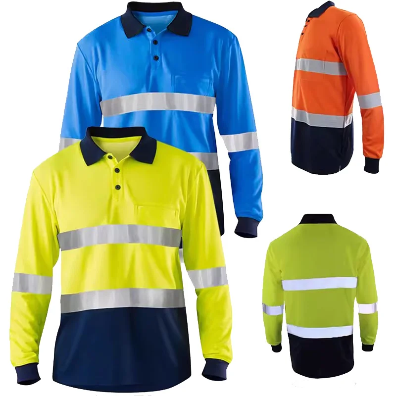 Chemise de sécurité à manches longues pour hommes, t-shirt de coulée haute visibilité, vêtements de travail Hi Vis, chemises de travail, polo