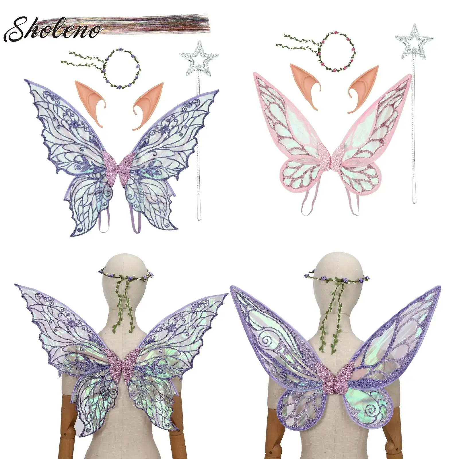 Cadeau Volwassenen Meisjes Fee Vleugels Sprankelende Organza Engelenvleugels Vlindervleugels Elf Oren Fee Stok Garland Set voor Halloween
