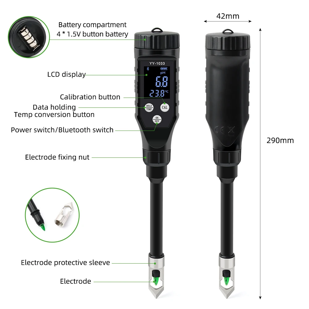 Bluetooth Digital Soil PH Meter 0.0~14.0pH Soil Tester Hydroponics Planting Garden Farmland Data Logger Temp Acidity Analyzer