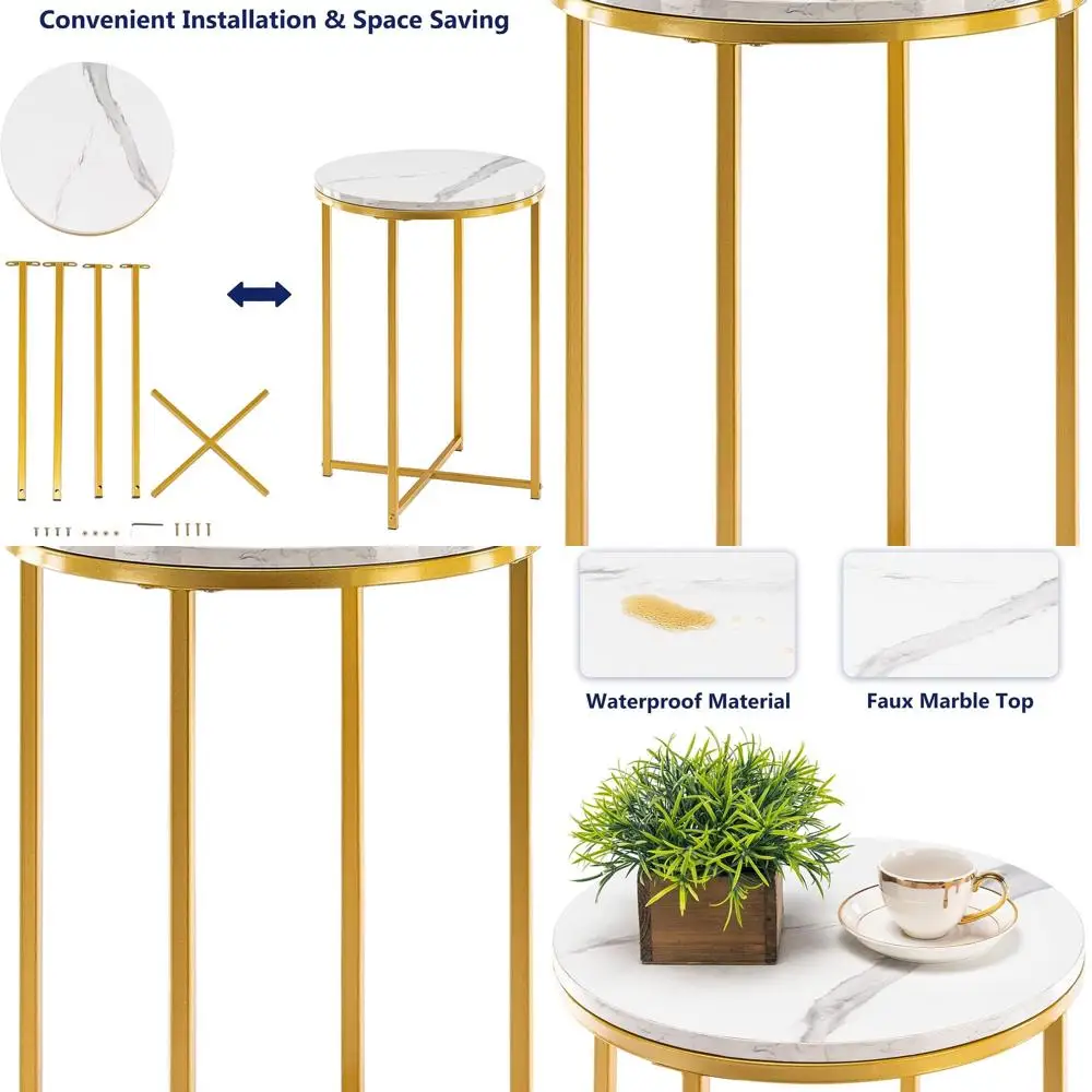 

Современный приставной столик в золотистом металлическом каркасе, столешница из искусственного мрамора, идеально подходит для гостиной и спальни.