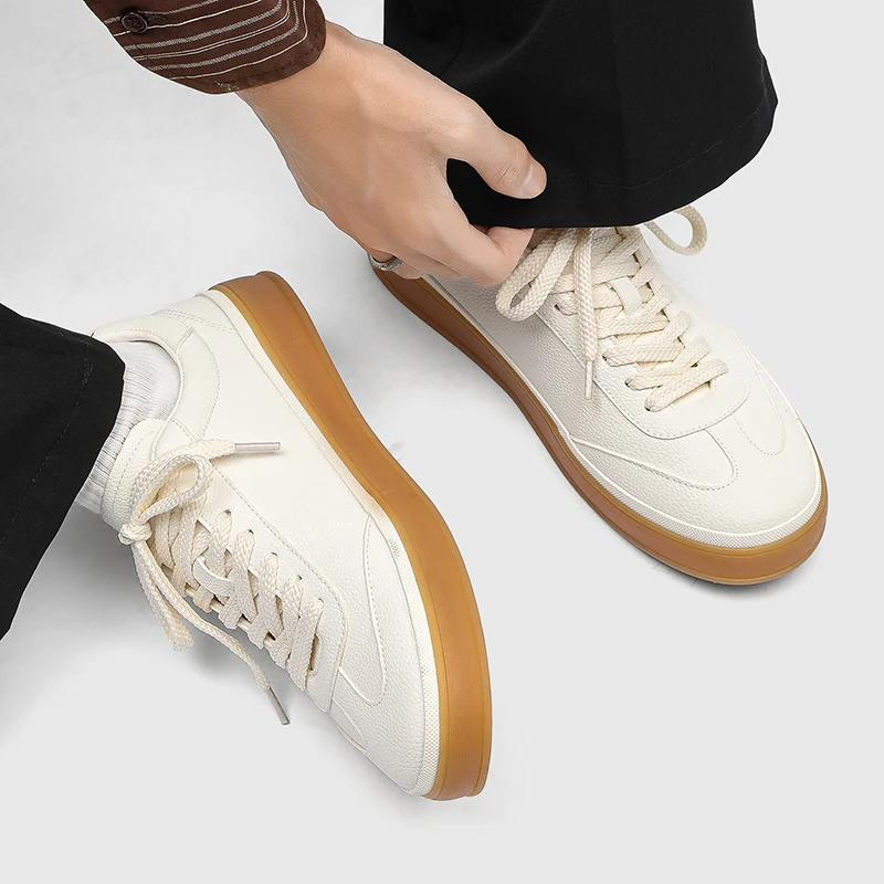 

Versatile Men's Lace-Up Training Shoes - New Leather Color Block Flat White Casual Outdoor Sports Skate Shoes