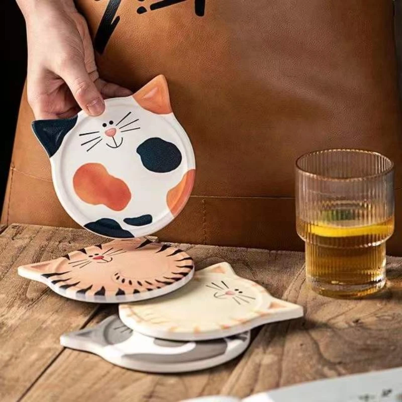 Cute Cat Shaped Absorbent Ceramic Coaster, Cartoon Kitten Drink Coaster Heat Resistant Home Table Decor Gift for Cat Lovers