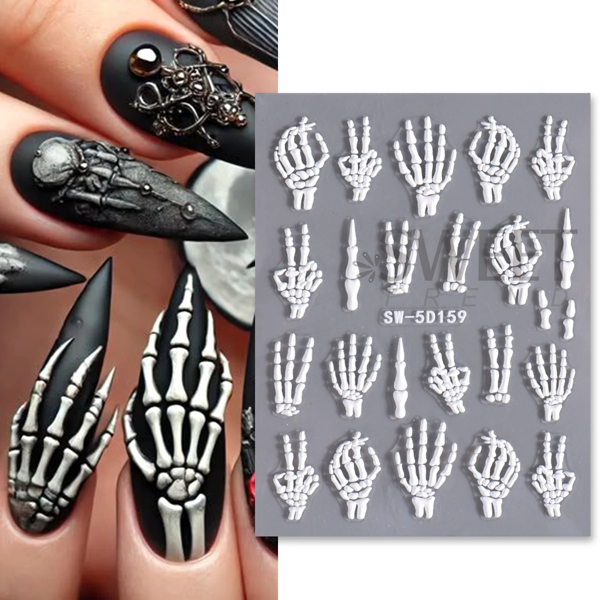 3pcs 해골 갈비 양각 네일 스티커 5D 해골 뼈 장미 꽃 Y2K 디자인 접착 데칼 할로윈 휴일 매니큐어 포일